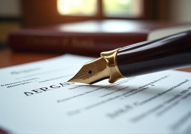 Close up of a legal document and a fountain pen on a mahogany desk